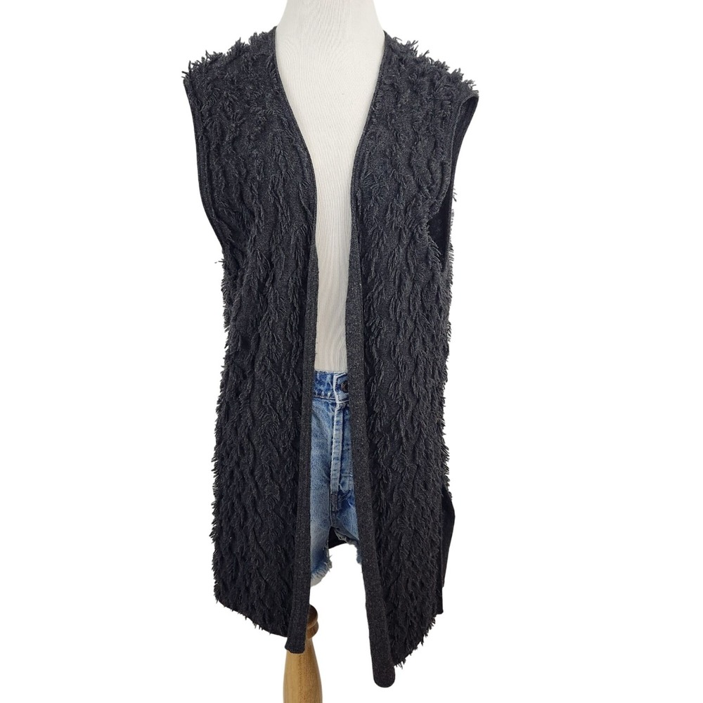 Kinross Cashmere Vest Womens Large Gray Textured Knit Open Front Sleeveless Shag